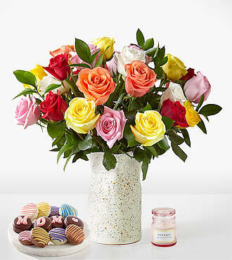 Mixed Roses - 24 Roses with Sculpted Vase Mom Oreos and Candle - FedEx - FW90VSTUB