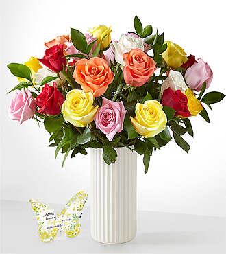 Mother's Day Mixed Roses - 24 Roses with White Fluted Vase and Acrylic Keepsake - FedEx - FW90WFAKB