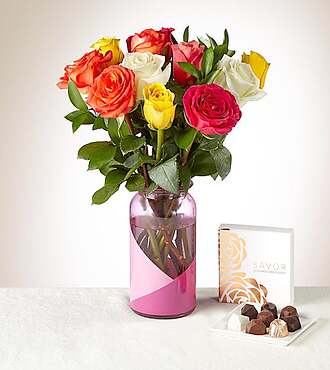 One Dozen Mixed Rose Bouquet and Chocolates Gift Set - FedEx