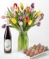 Image of Standard version for Picnic Tulips Bouquet and Berry Bundle - 30 Tulips Berries and Red Wine - FedEx