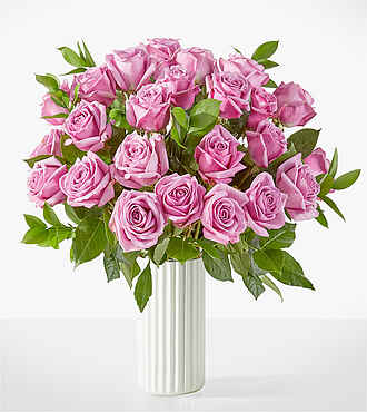 Hearts on Your Sleeve Bouquet - 24 Lavender Roses with White Fluted Vase - FedEx - PMRBDWF