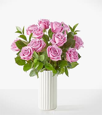 Hearts on Your Sleeve Bouquet - 12 Lavender Roses with White Fluted Vase - FedEx - PMRBOWF