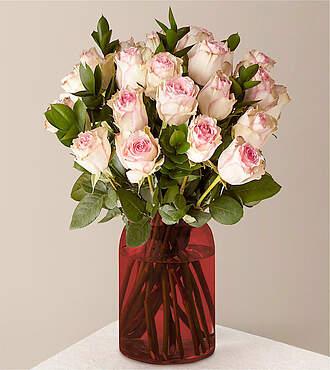 24 Pink Champagne Roses Bouquet with Red Vase - FedEx