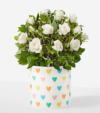 Pure and True White Rose Plant - Hearts Ceramic Container - FedEx - YAF98
