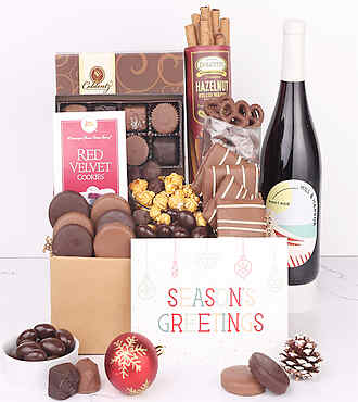 Season's Greetings Deluxe Chocolate Sweets and Wine Gift Box - Red Wine - FedEx - YI175