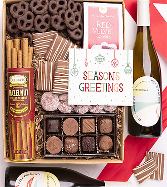 Season's Greetings Sweet Treats Chocolate and Wine Gift Box - Red and White Wine - FedEx - YI572