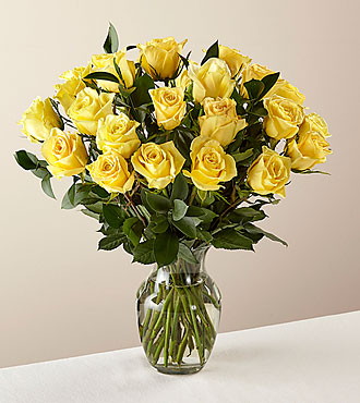 24 Stem Ray of Sunshine Yellow Rose Bouquet in Glass Vase - FedEx